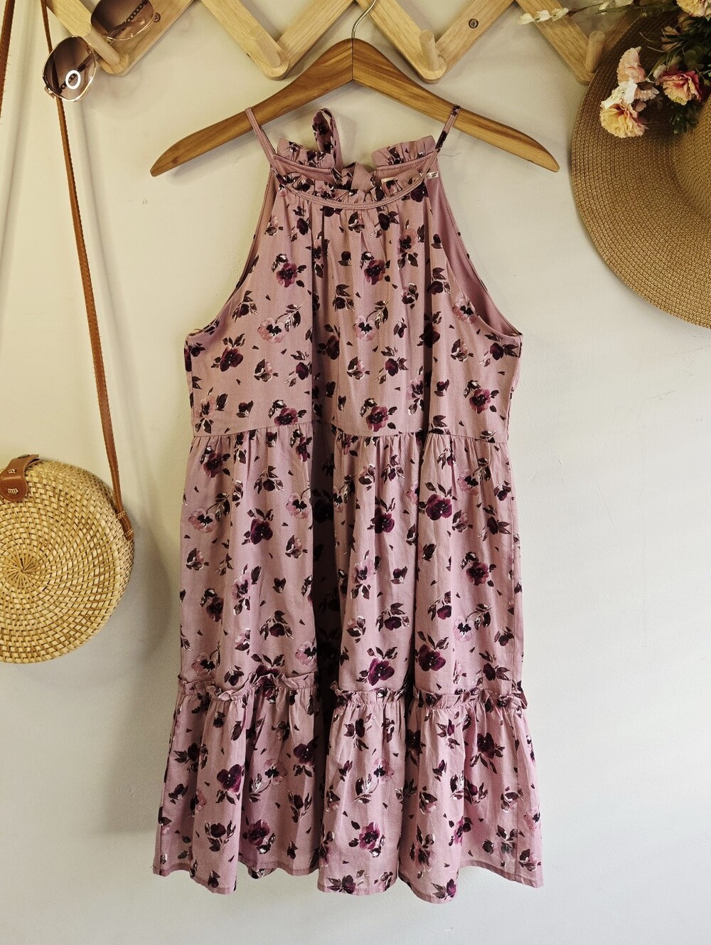 miami Mauve Pink Floral Tiered Halter Mini Dress